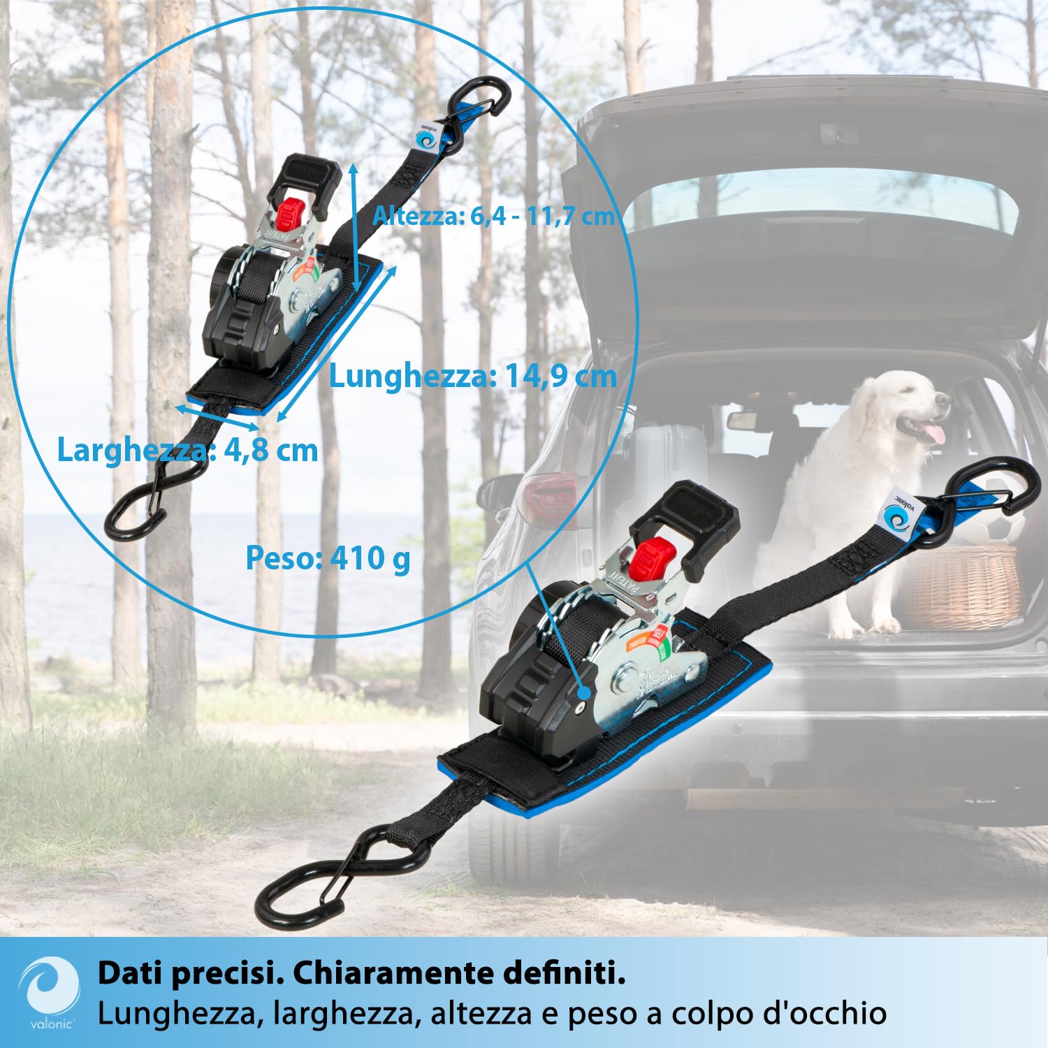 valonic FOX 2 m, mini cinghie a cricchetto, per fissaggio in furgone, set da 2, 150 kg forza di serraggio, 19 mm, cricchetto gommato