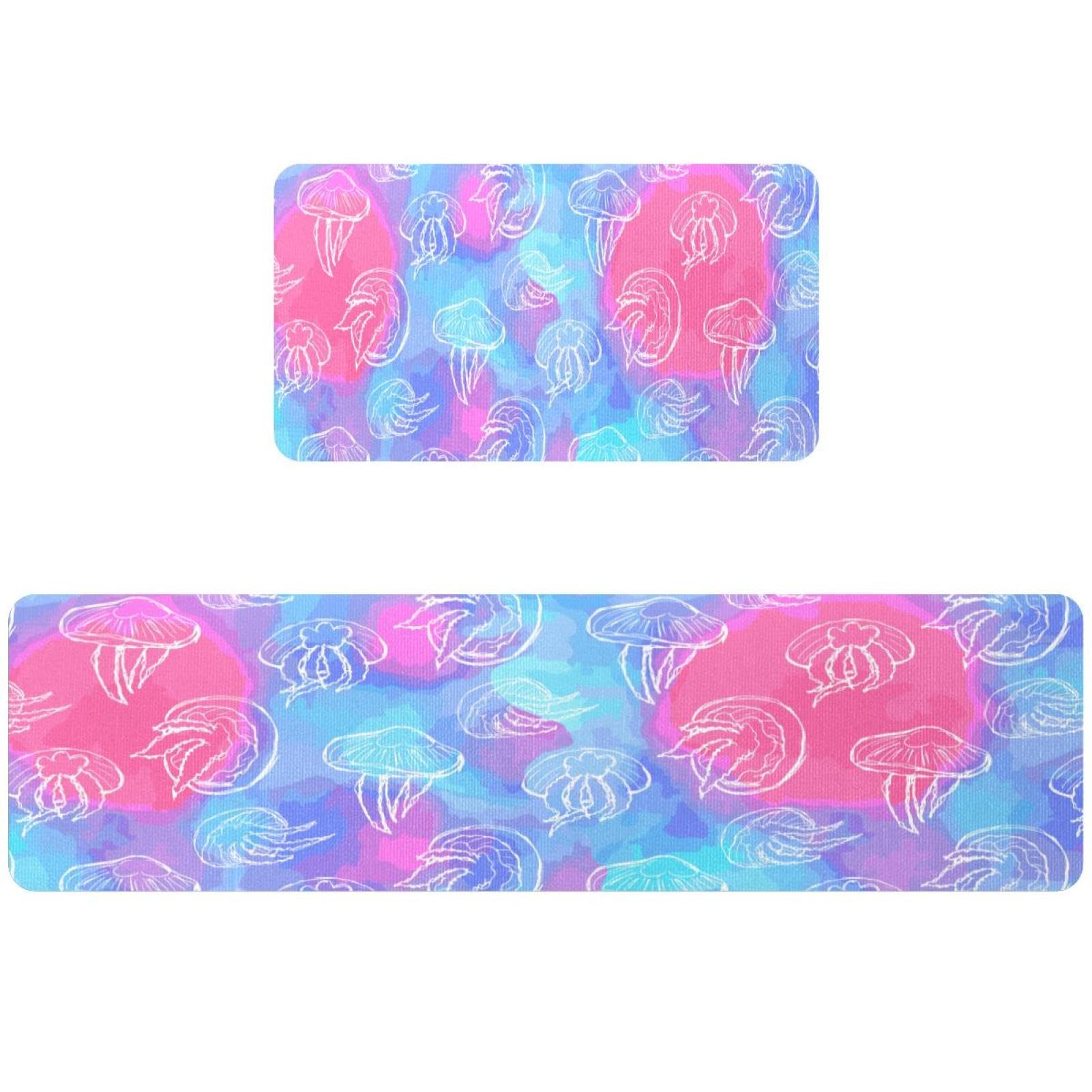 Tapis de cuisine lot de 2 lavables et antidérapants motif méduses blanches