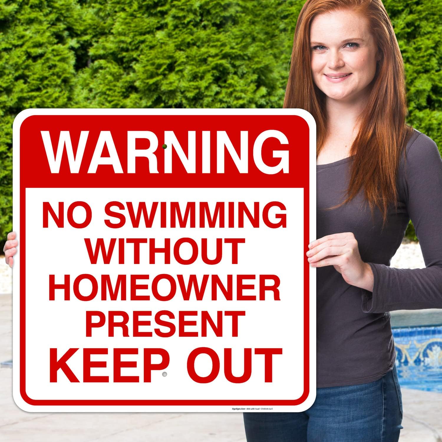 No Swimming Without Home Owner Present Keep Out Sign, Pool Sign, 24x24 Inches, 55 mil Thick HDPE (high Density polyethylene), Made in USA