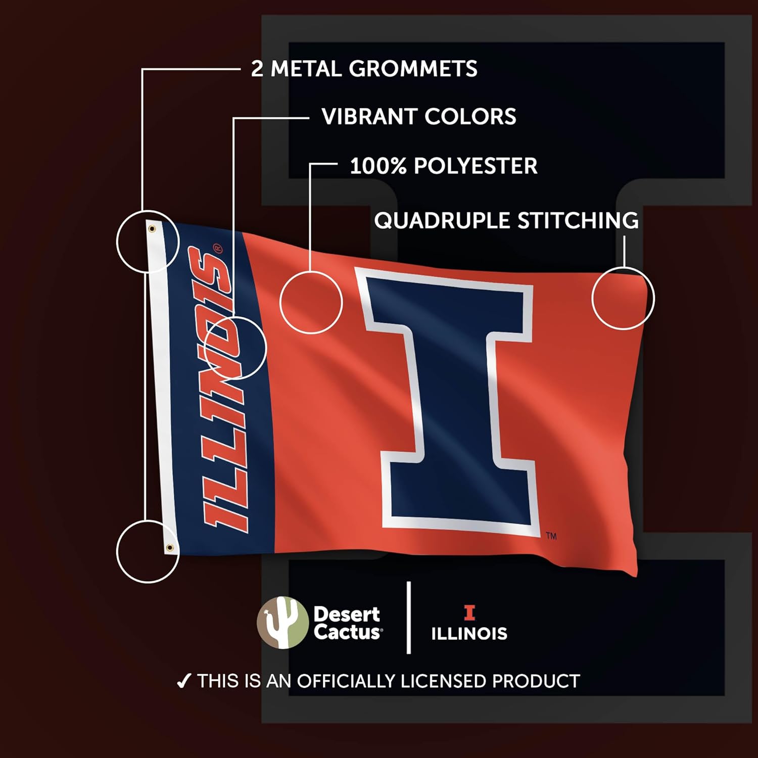 Desert Cactus University of Illinois UI Flag - 3 x 5 Feet Illini Banner, Indoor/Outdoor Durable Fabric, 100% Polyester Design (Style Y) - Image 4