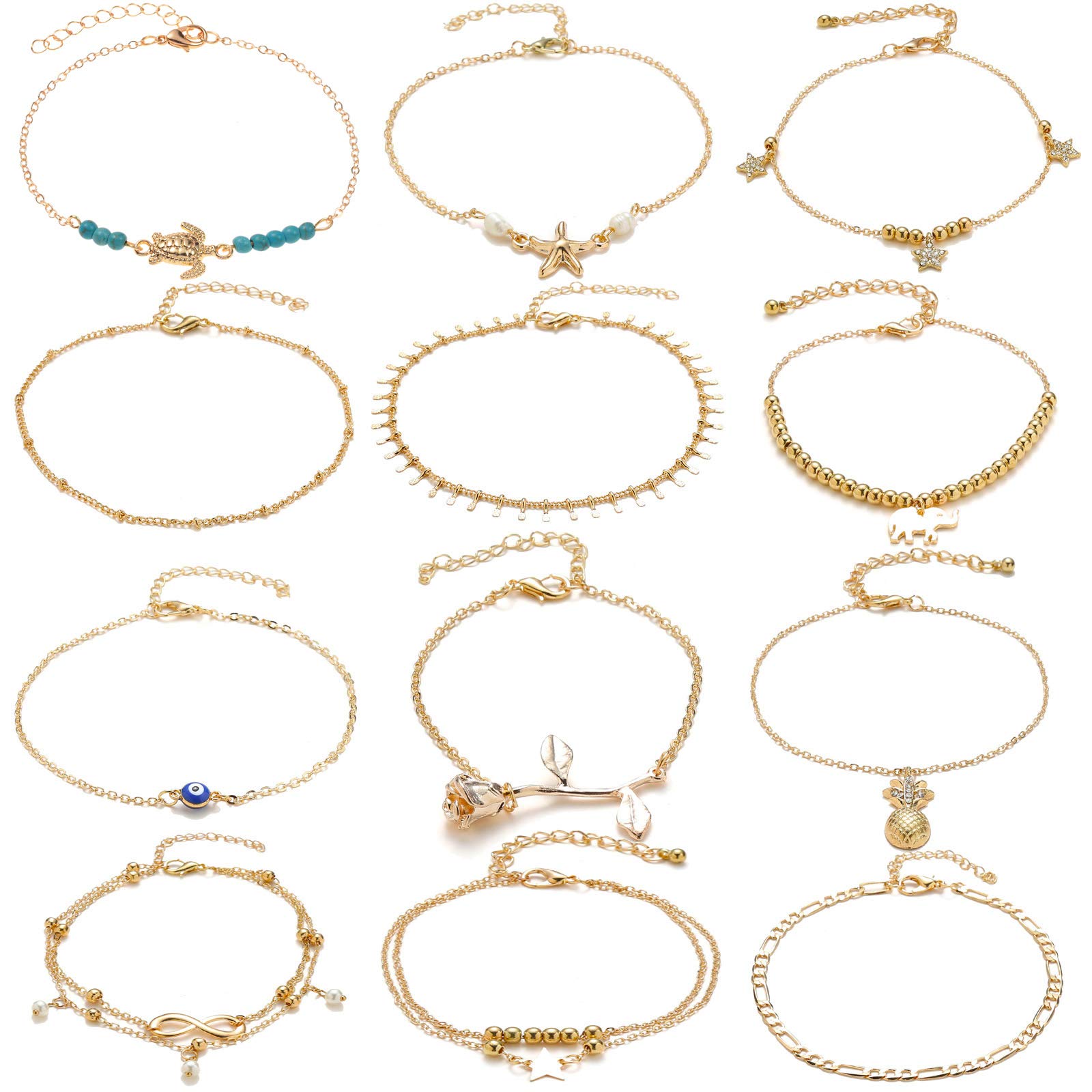 Starain 12 Pcs Anklets for Women Girls Gold Silver Ankle Bracelet Beach Turtle Elephant Chain Anklet Set Adjustable Foot Jewelry