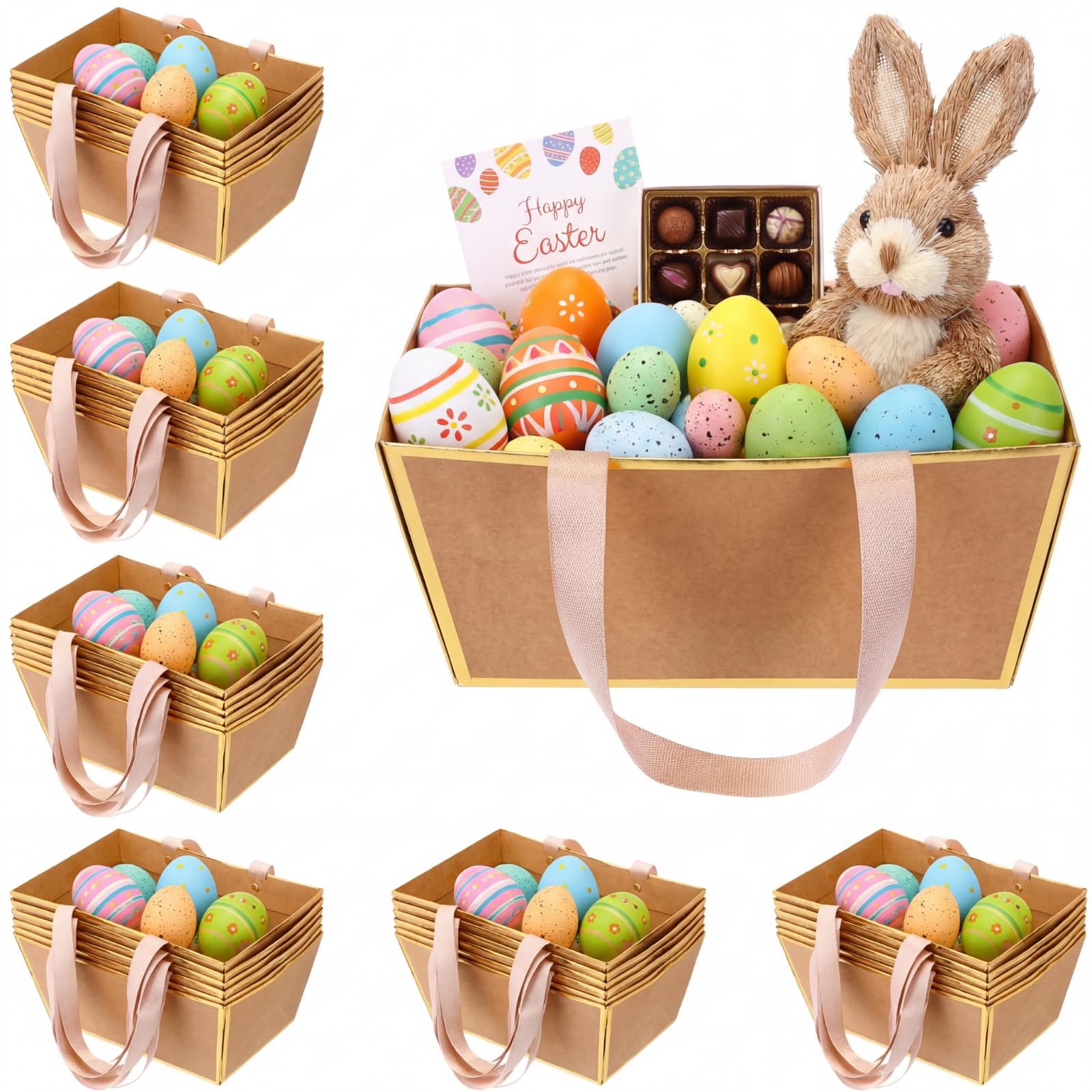 Pinkunn 48 Pcs Basket for Gifts Empty DIY Bulk Party Gift Basket Kit with Handles Market Trays for Packages Wrapping Wedding Party Anniversary Display(Easter Bunny)