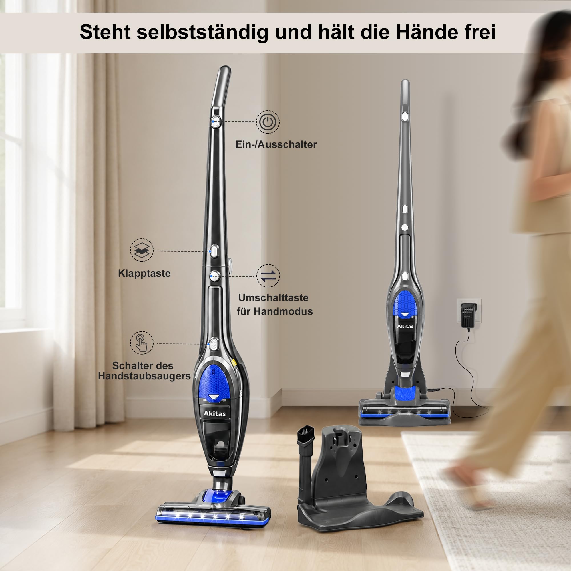 Akitas U10 22.2V Akku Staubsauger Beutellos, bis zu 30Min Laufzeit, Freistehend, 180° Drehgelenk，LED-Frontlichter