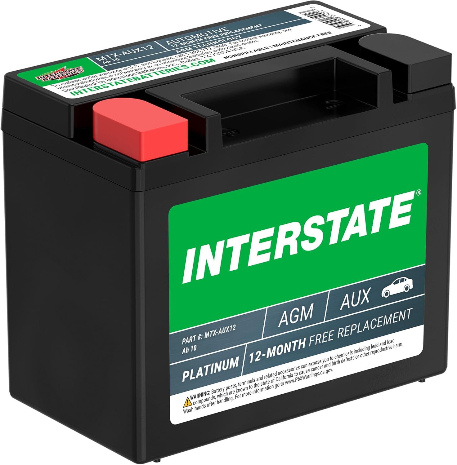 Interstate Batteries AGM Auxiliary Battery 12V 10Ah (Group Size AUX12) Maintenance Free Rechargeable Automotive Battery (MTX-AUX12)