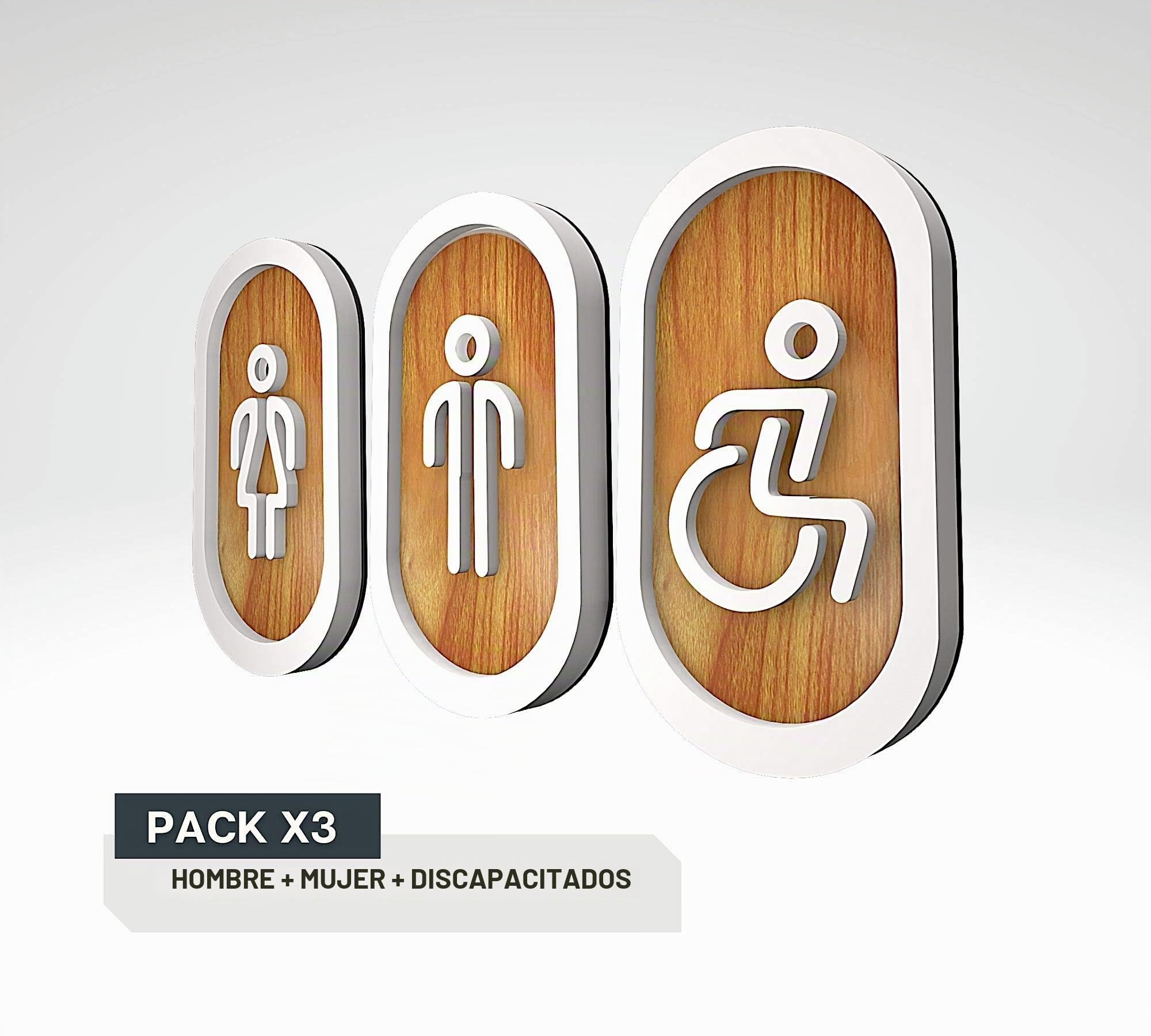 DOJA BARCELONA | Cartel para Baño | Hombre + Mujer + Discapacitado | Color Madera | 100mm x180mm | Simbolo Adhesivo WC para Puerta | Placa Pegatina para Aseo, Aseos Cartel, Señal de Lavabo