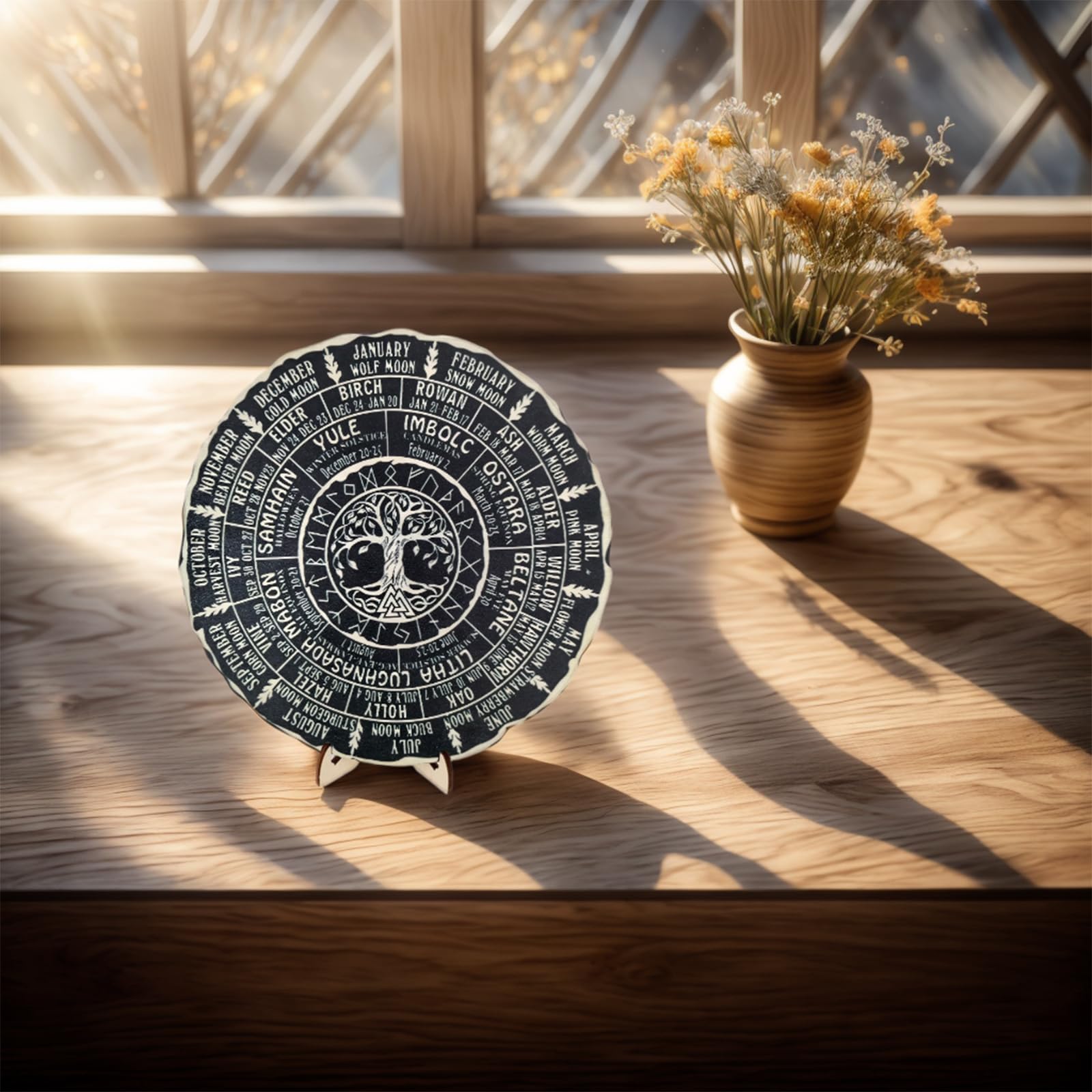 Wheel Of The Year Wood Sign- Celtic Tree of Life Calendar,Pagan Yule Decorations,Round Wooden Wheel of the Year Ornament,Wheel of the Year Wood Sign with Stand,For Living Room,Bedroom,Dining Room - Image 4