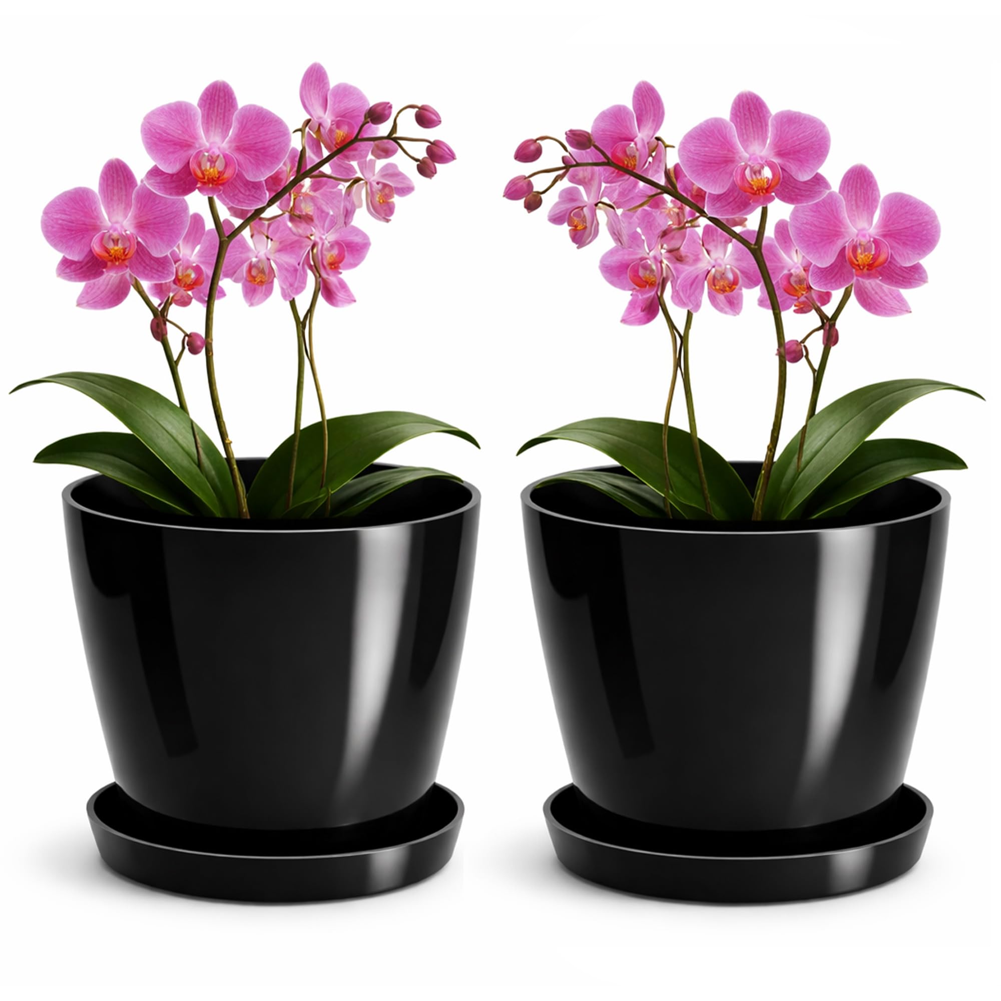 PECZEKO Shiny Flower Pot, Plastic Planter, Decorative Pot for Large and Small Plants, Set of 2 Flower Tubs with Saucer, Flower Pot Herb Pot, Black, Diameter 18 cm