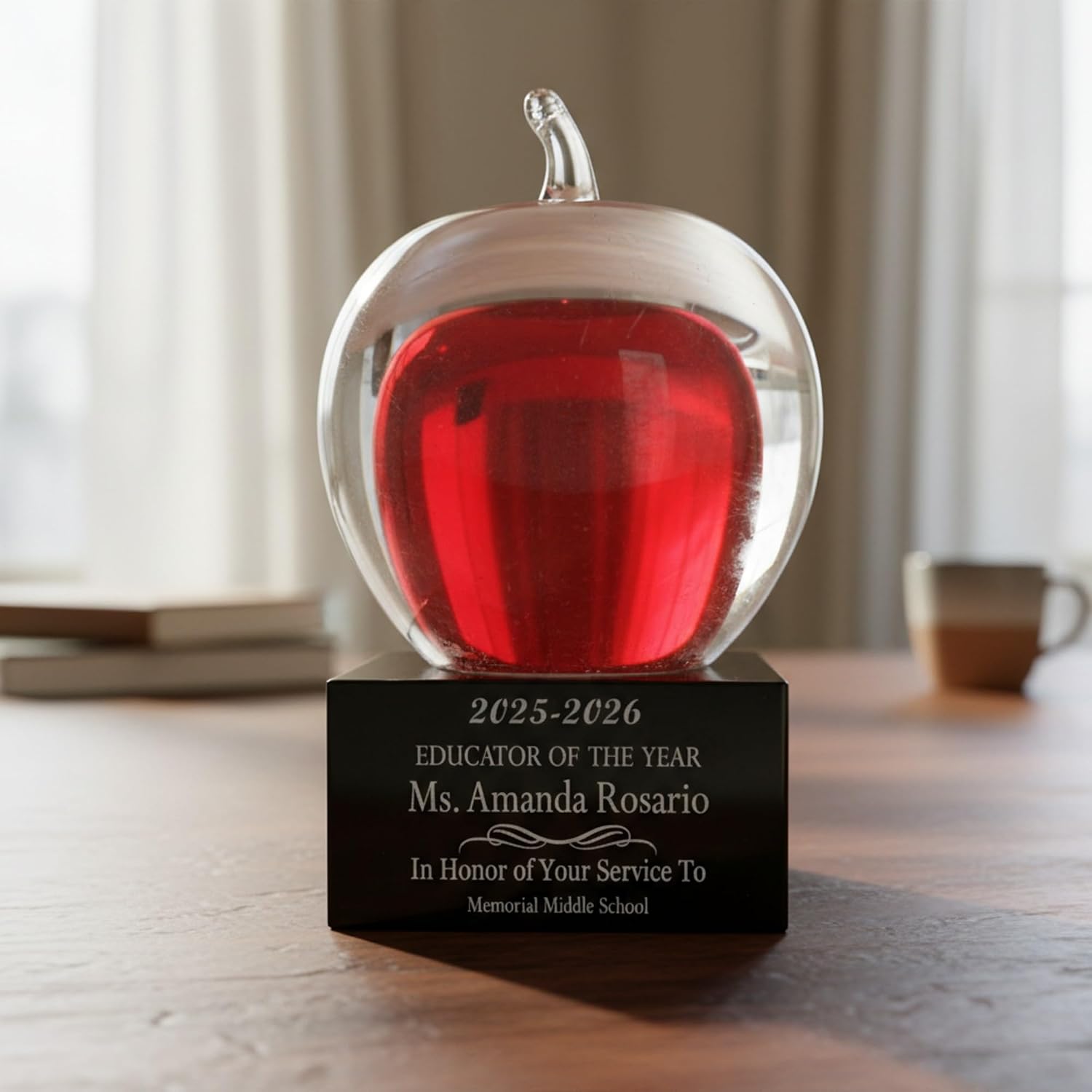 Personalized 5 3/4" Red and Clear Glass Apple Award Statue, Custom Engraved Glass Apple Award for Teacher of the Year, Teacher Appreciation and Retirement Gifts