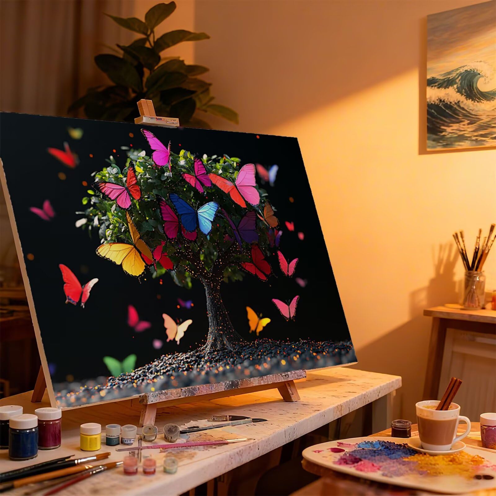 Peinture Numero Adulte Papillon Coloriage par Numero Adulte Arbre DIY Paint by Numbers, avec Pinceaux Peinture Loisir Creatif Enfant Numéro D'art Cadeau Femme, Pour Decoration Maison 60x80cm H - 961