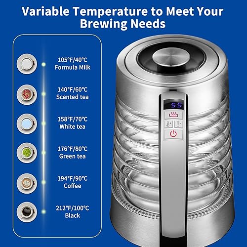 Miniatura 6 de Hervidor eléctrico, caldera de agua caliente con control de temperatura de 1.8L, sin contacto de plástico con agua, apagado automático, mantiene el