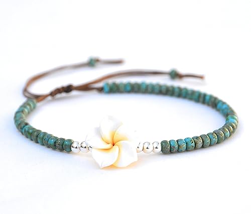 Miniatura 8 de Boho Beaded Anklet for Women and Teen Girls, Unique Bohemian Turquoise and Sterling Silver Beaded Anklet with Hawaii Hawaiian Plumeria Flower,