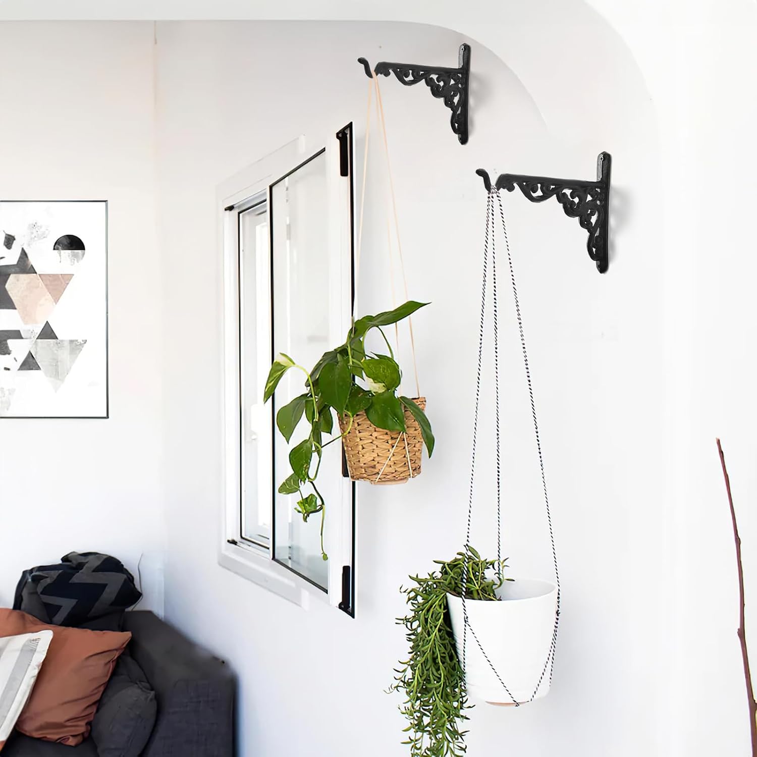 2 Pcs Hanging Planter Brackets,Outdoor Decorative Metal Wall Hook,Wall Hanger Hook,Bird Feeder for Hanging Metal Sign,Bug Zapper,Fruit Basket,Wind Chime, Black