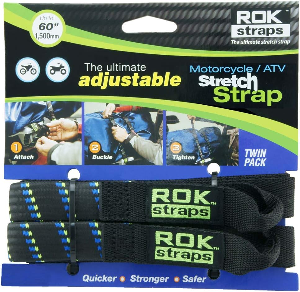 ROK Straps Motorcycle Adjustable Luggage Strap 25mm - 18"- 60" (Twin Pack) Black/Blue/Green ROK001