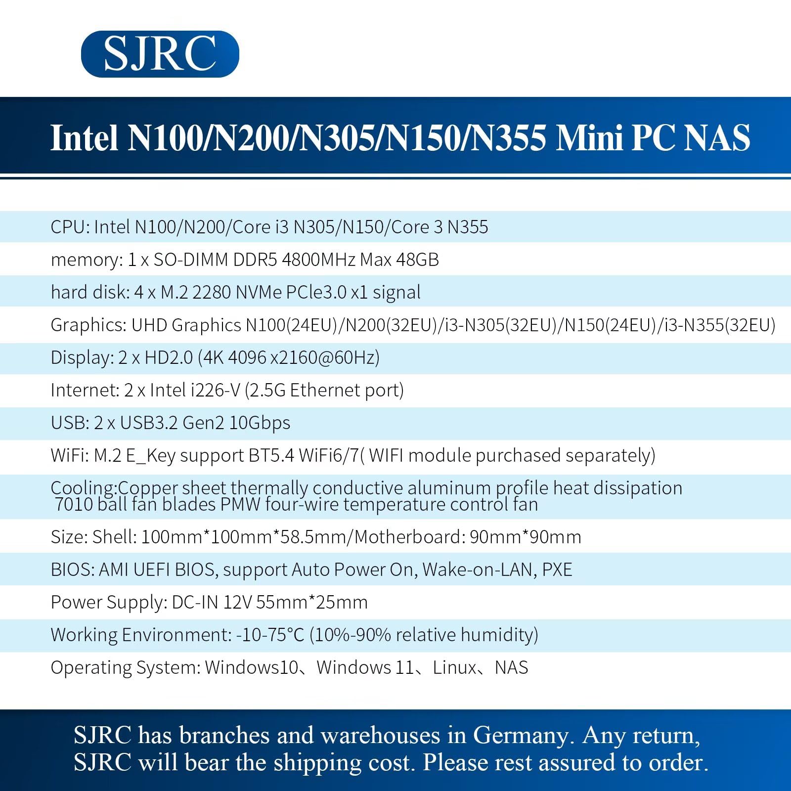 SJRC 4 Bay NAS Mini PC N150, 4 x NVMe Micro NAS Server for Desktop, 2 x i226-V 2.5GbE LAN Network Attached Storage with USB3.2, Support WiFi7/BT5.4, Barebone NO RAM/SSD/OS