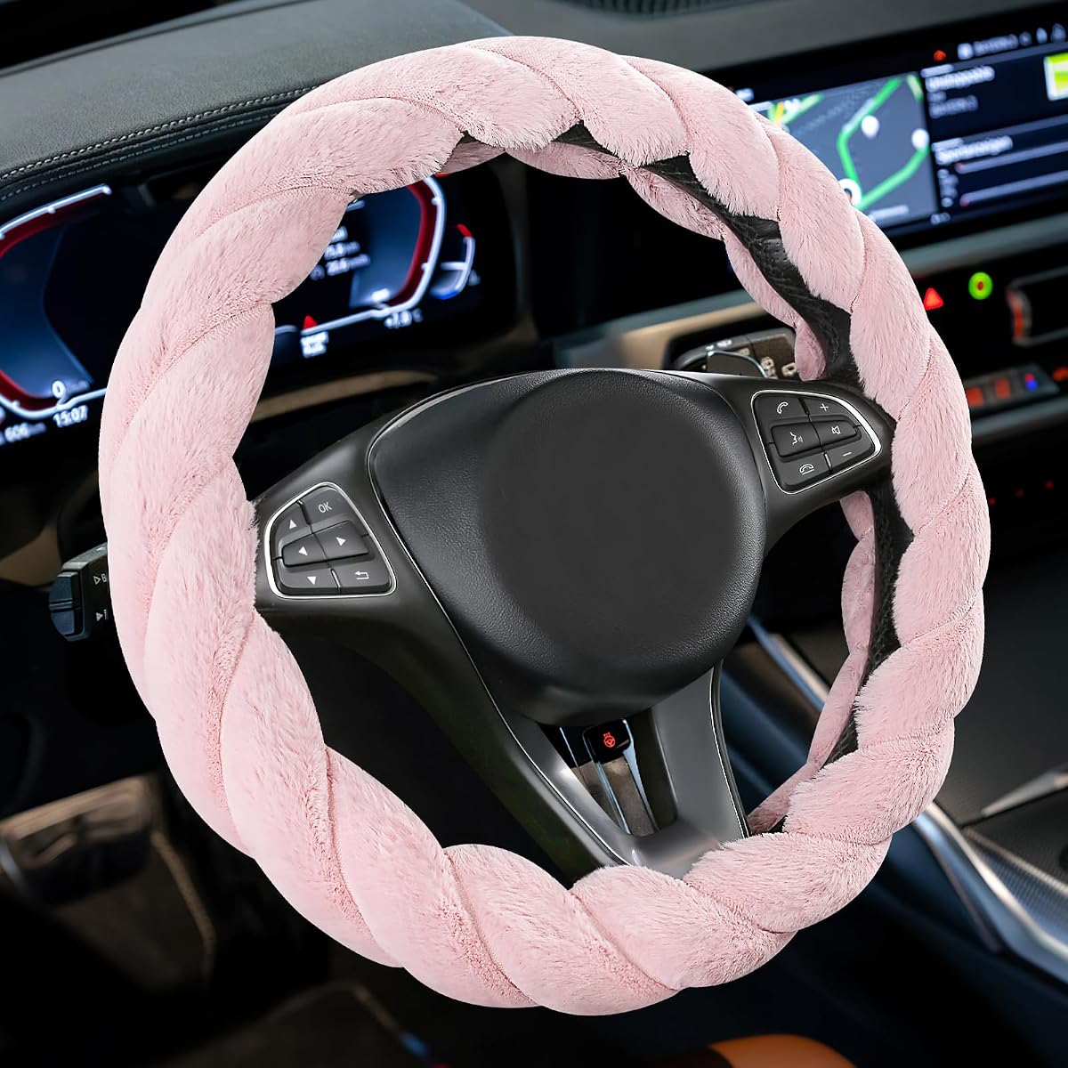Fluffy Car Steering Wheel Cover, Cute Twisted Furry Steering Wheel Protector for Women Girls, Soft Plush, Anti-Slip Winter Warm Wheels Cover Universal Fits 15 Inch, Car Accessories (Pink)