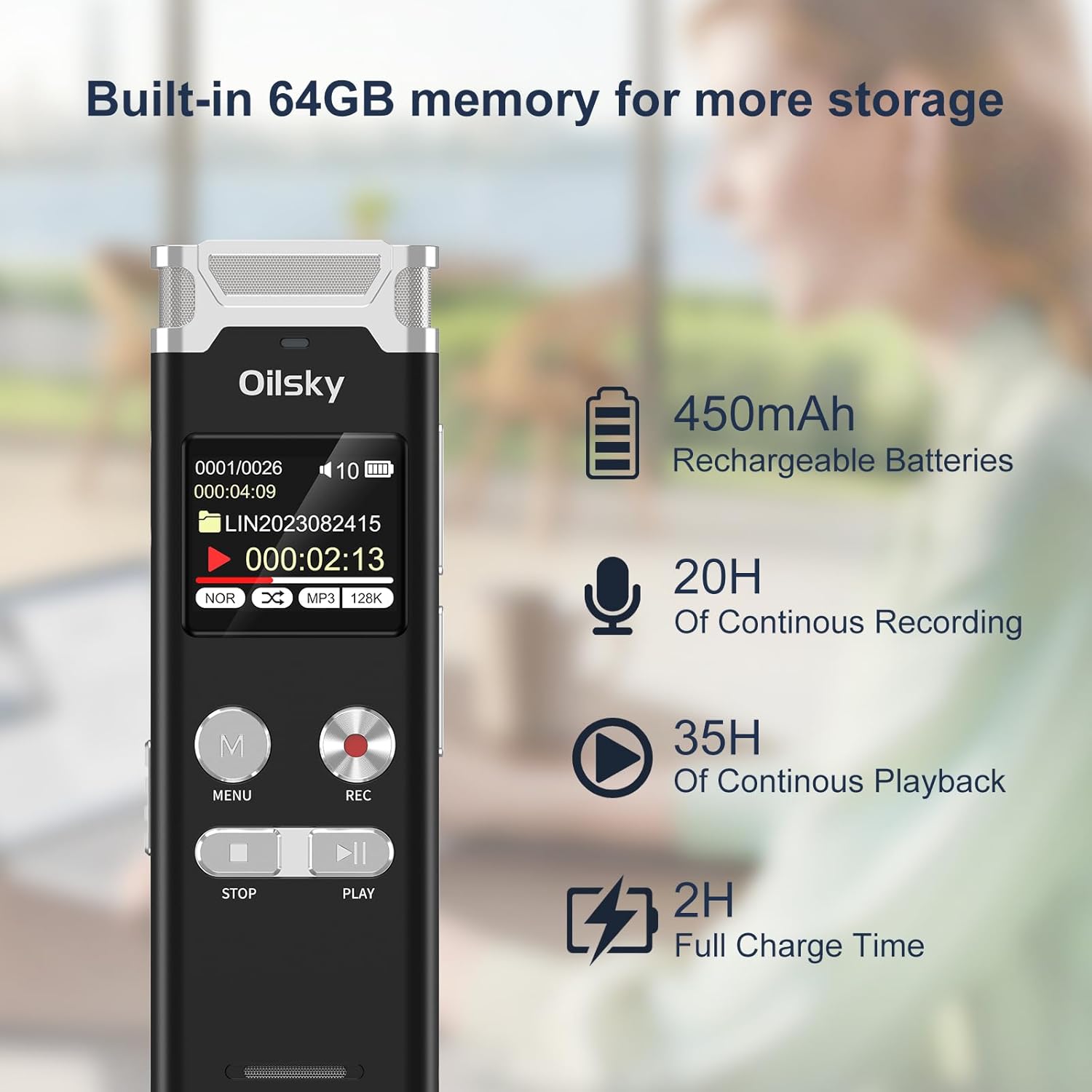 Oilsky V08 Digital Voice Recorder showing battery and storage details