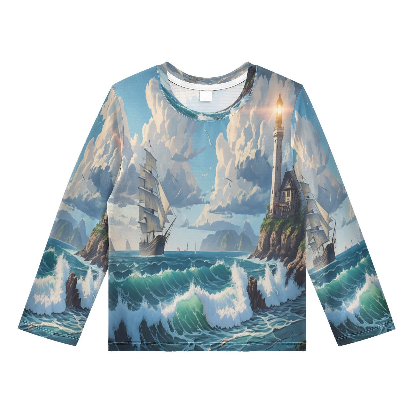 Sailing Frigate Lighthouse Seascape Boy's Rash Guard Swim Shirt Long Sleeve Sun Shirt for Beach Pool Sport UPF50+ 4T