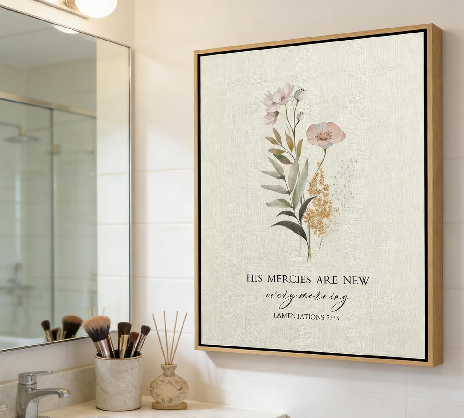 Framed Christian Floral Scripture Canvas Wall Art Boho Bible Inspirational Picture Wall Decor His Mercies Are New Every Morning Poster Print Artwork for Prayer Room Church Study Living Room Home Decoration