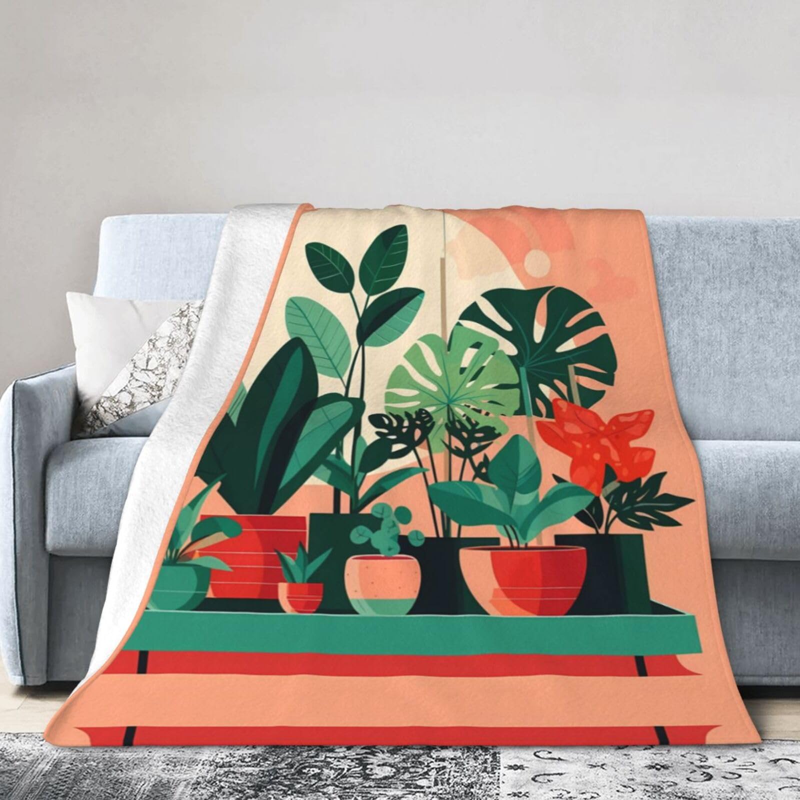 Indoor Potted Green Plants 80"x60" Fleece Blanket, Full Size, Super Soft, Suitable for Bed, Sofa, Camping, All Seasons