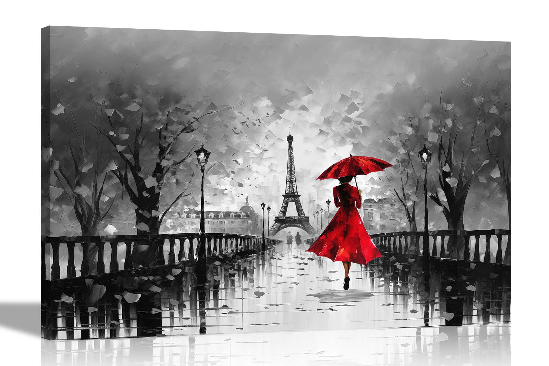 Artley Prints Red Black And White Black And White Calm Of The Rain In Paris Red Canvas Wall Art For Living Room - Framed Abstract Pictures To Hang In Bedroom, Hallway 60 X 40Cm (24 X 16 Inches) A2