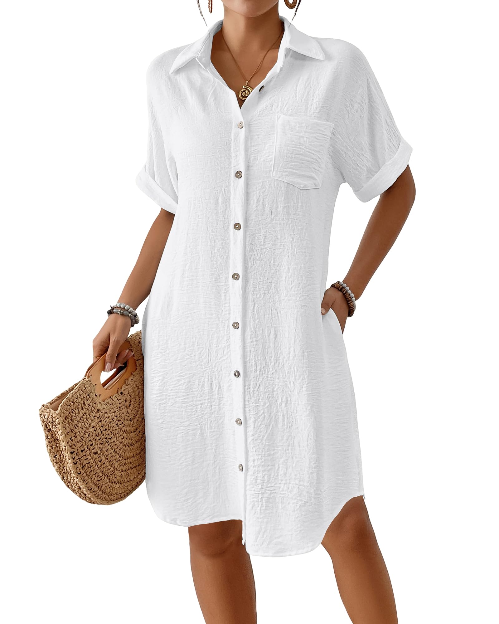 Womens Swimsuit Cover Up Long Button Down Bathing Suit Cover Ups Short Sleeve Summer Beach Shirt Maxi Dress with Pockets, White, Large-image-20