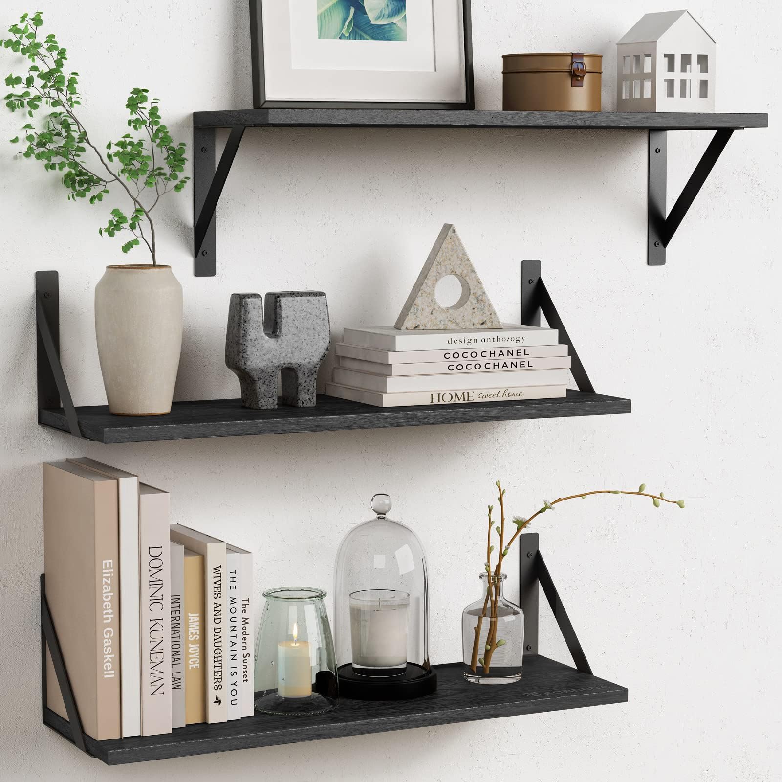 Forbena Large Floating Shelves for Wall 24 Inch Long Set of 3, 8 in Deep Wall Bookshelf for Bedroom Living Room, Wooden Heavy Duty Hanging Book Shelves for Office Kitchen Closet Storage (Black)