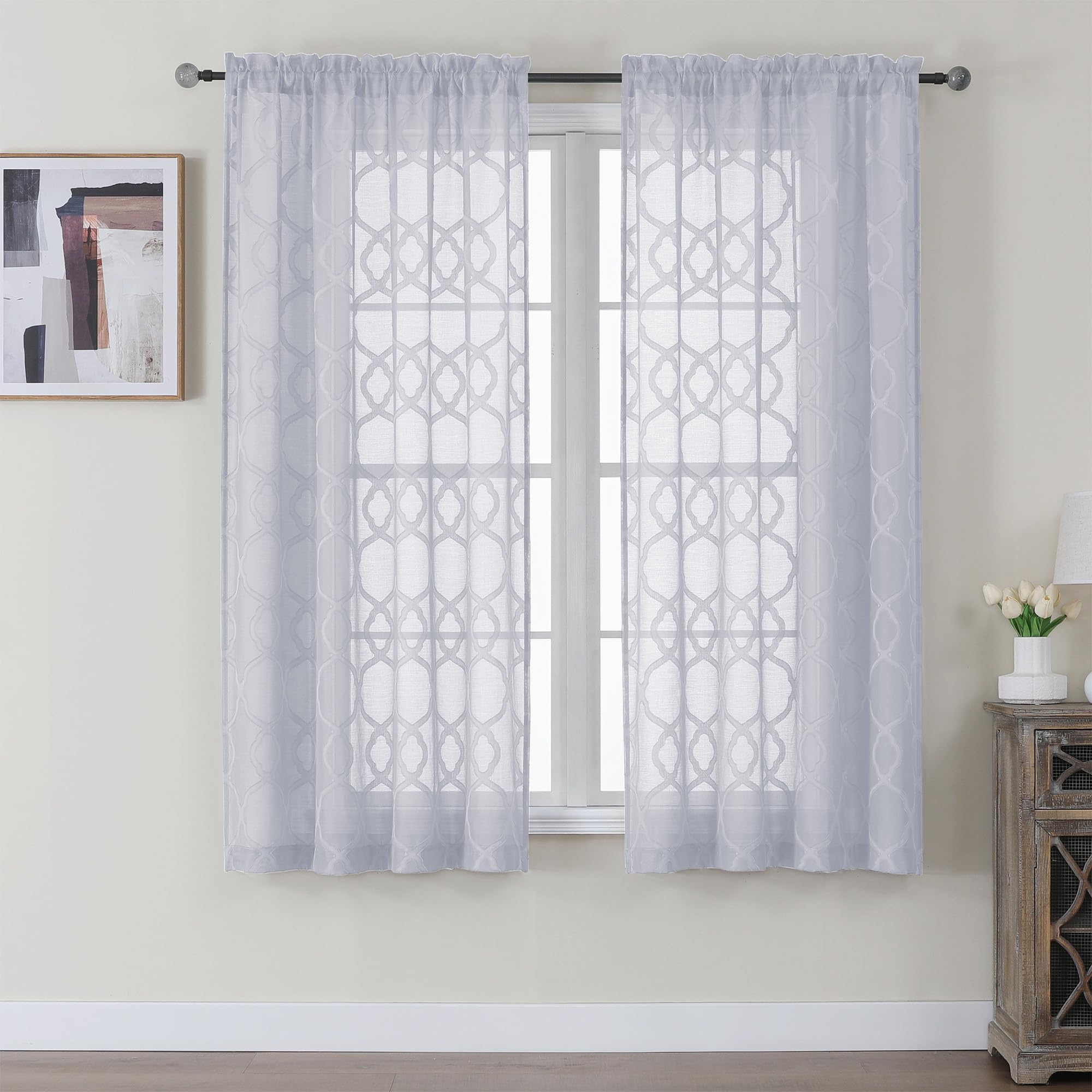 OWENIE Sheer Gray Curtain 63 Inch Length 2 Panels Set for Living Room Bedroom, Light Filtering Geometric Jacquard Clip Textured Short Semi Sheer Curtains, Modern Curtains Drapes, Each 42x63 inch