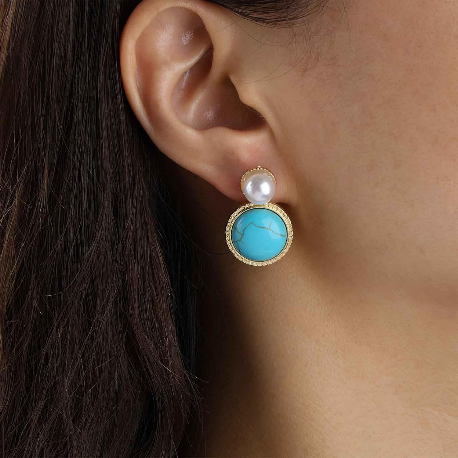 Vintage Pearl Turquoise Earrings Gold Pearl Stud Earring Round Turquoise Dangle Earrings Blue Stone Drop Earring Jewelry for Women - Image 2