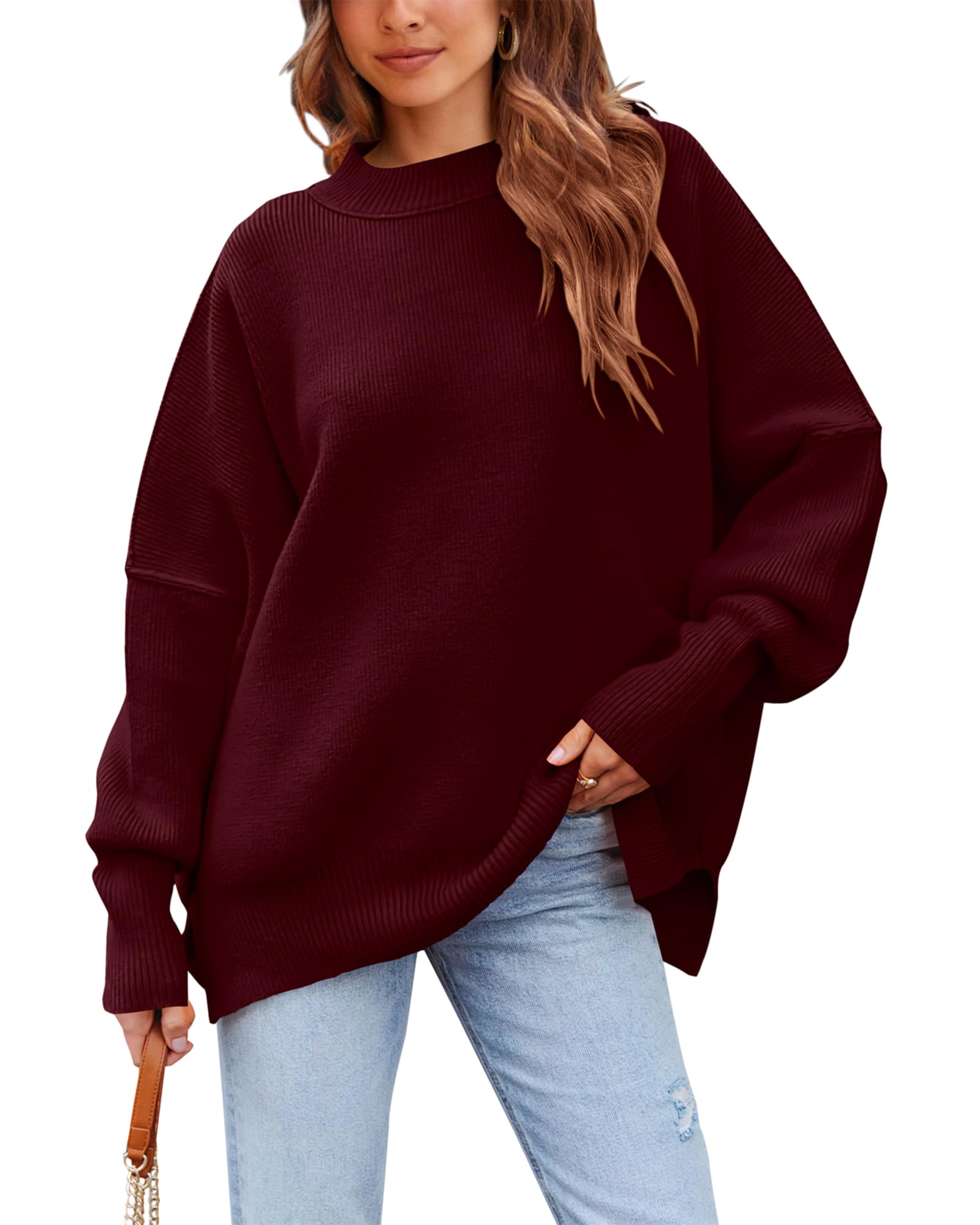 PRETTYGARDEN Women's Oversized Sweater 2023 Casual Fall Crewneck Long Sleeve Loose Side Slit Ribbed Knit Pullover Tops