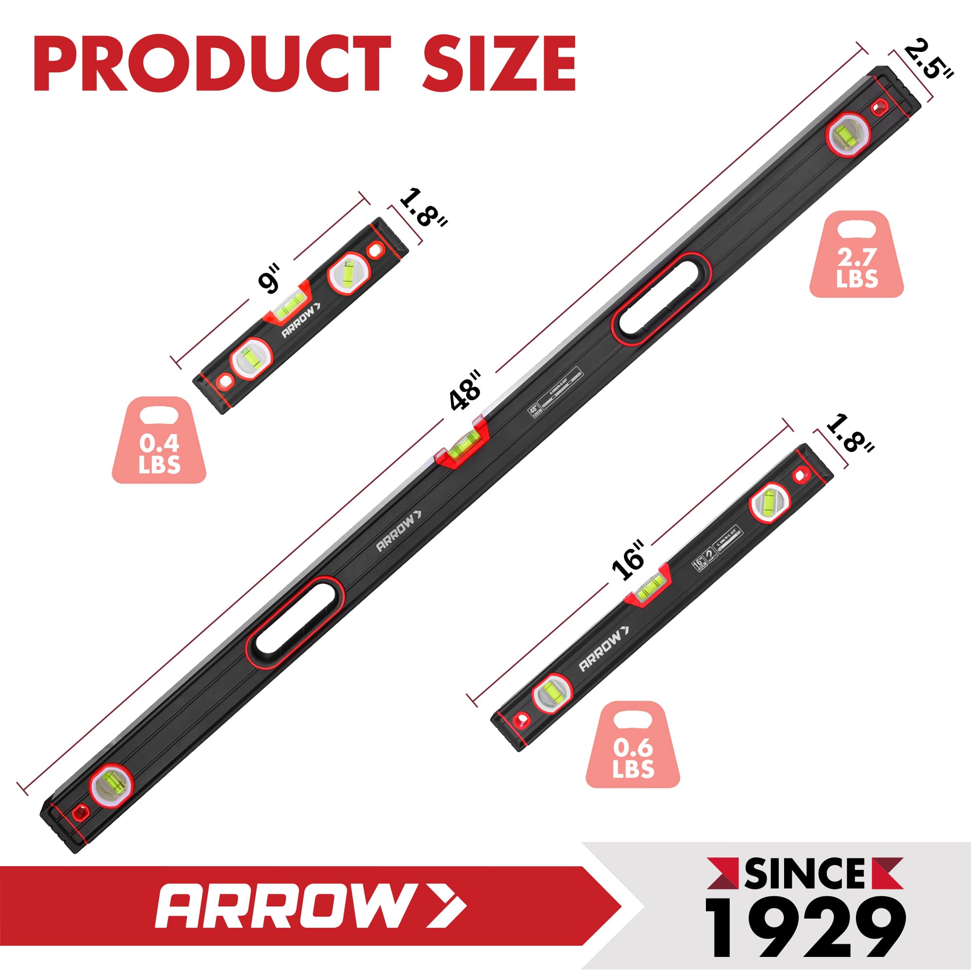 Arrow 3-Piece Spirit Level Set - Accurate & Durable -3