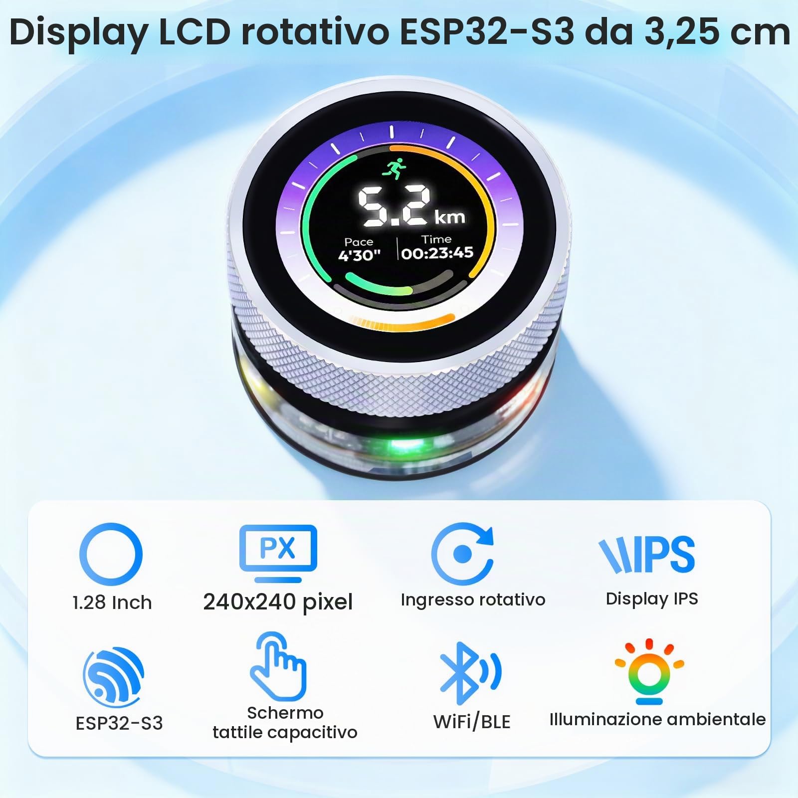 ELECROW ESP32 Rotary Display 240x240-1.28 Inch HMI IPS Round Knob Touch Display Scheda di Sviluppo, 2.4G WiFi e BLE Touch Screen Capacitivo Compatibile con Arduino IDE e LVGL Library, Argento