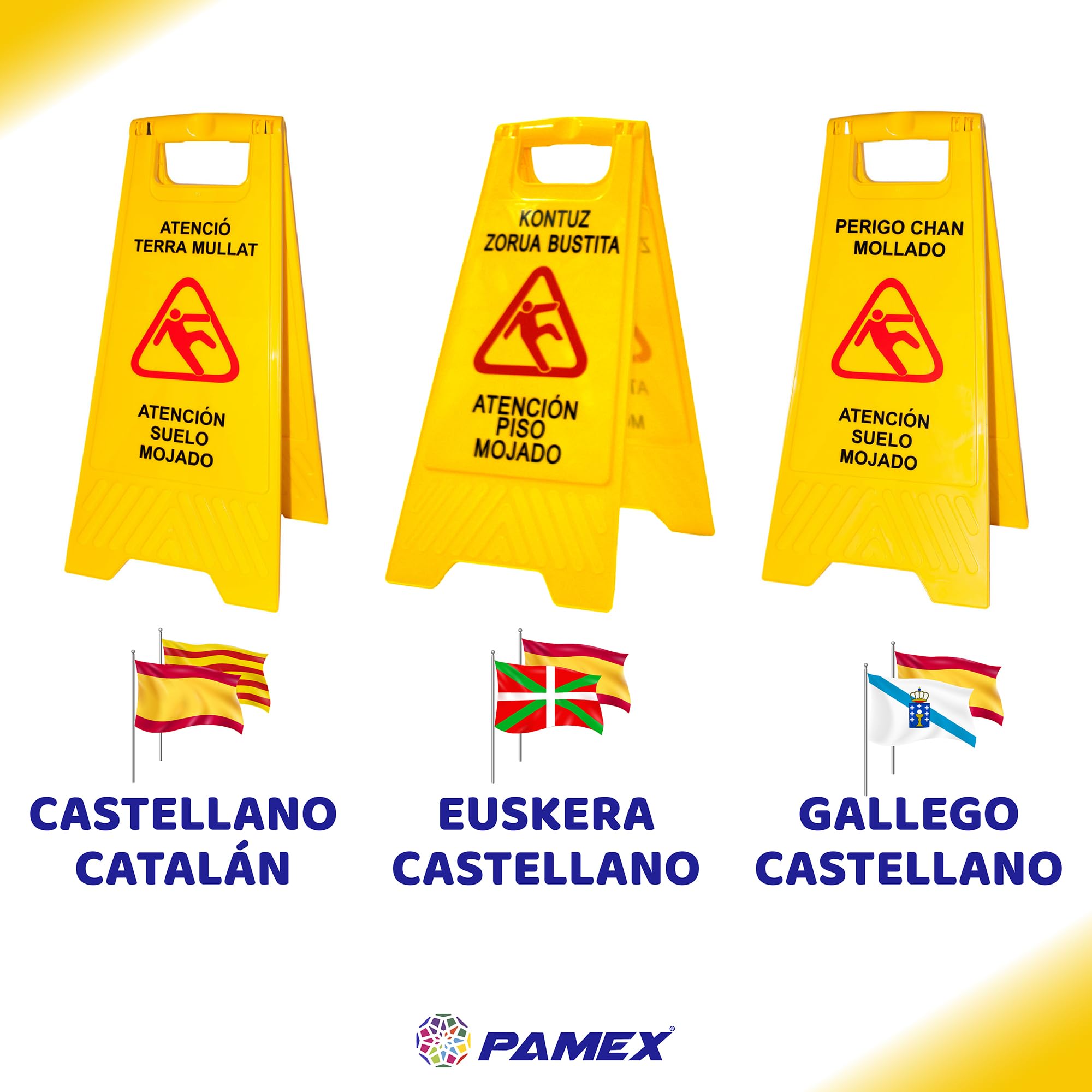 Señal Aviso profesional "Caution wet floor - Atenzione pavimento bagnato". En Inglés e Italiano. Alta visibilidad para evitar accidentes