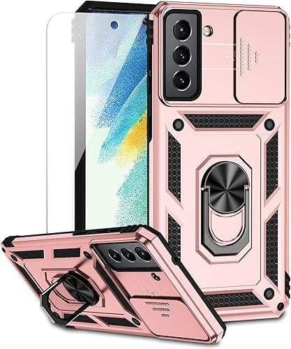 Funda para Samsung Galaxy S21 FE 5G con cubierta para lente de cámara, protector de pantalla HD, soporte de anillo magnético probado contra caídas