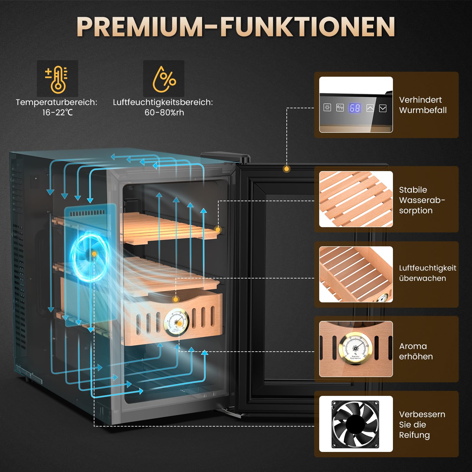 Mojgar 26L Elektrischer Humidor, 200 Zähler elektronischer Zigarren Humidor, Kühler Humidor Schrank mit Kühlung Temperaturregelung, Geschenk für Männer