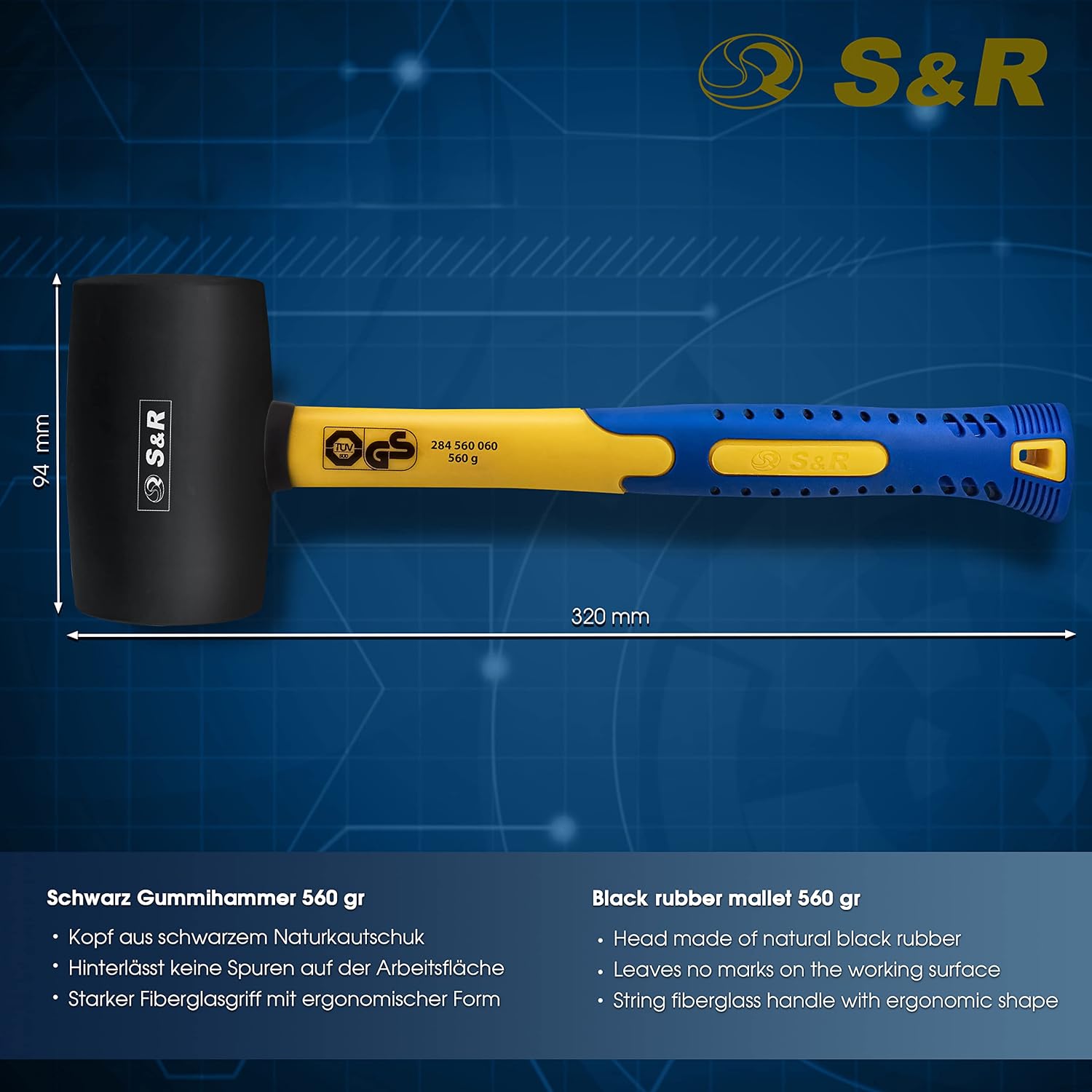 S&R Rubber mallet ~20oz - 560 g, 2,36" - 60 mm diameter, with fiberglass handle