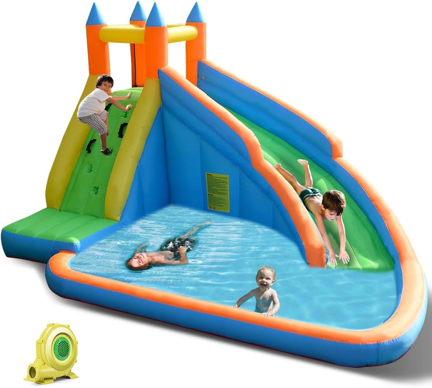 Costzon Inflatable Water Slide, Giant Bouncy Waterslide Park for Kids Backyard Outdoor Fun w/ 950w Blower, Climbing, Splash Pool, 2-pcs, Blow up Water Slides Inflatables for Kids Party Gift