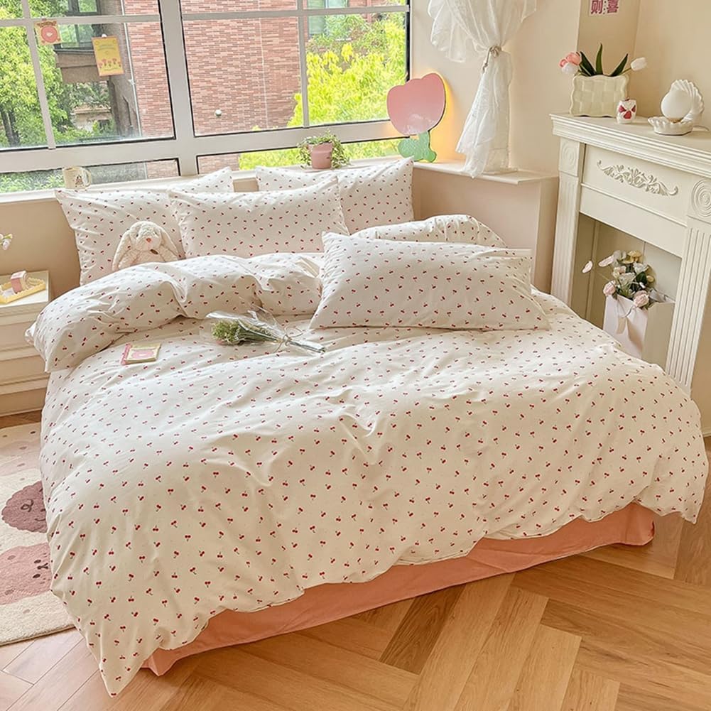 LIWHENHAO Cherry Duvet Cover Set Twin 100% Cotton Bedding Cartoon Red Cherries on White 1 Kawaii Cute Fruit Comforter Cover Zipper Closure 2 Pillowcases for Kids Girls Boys