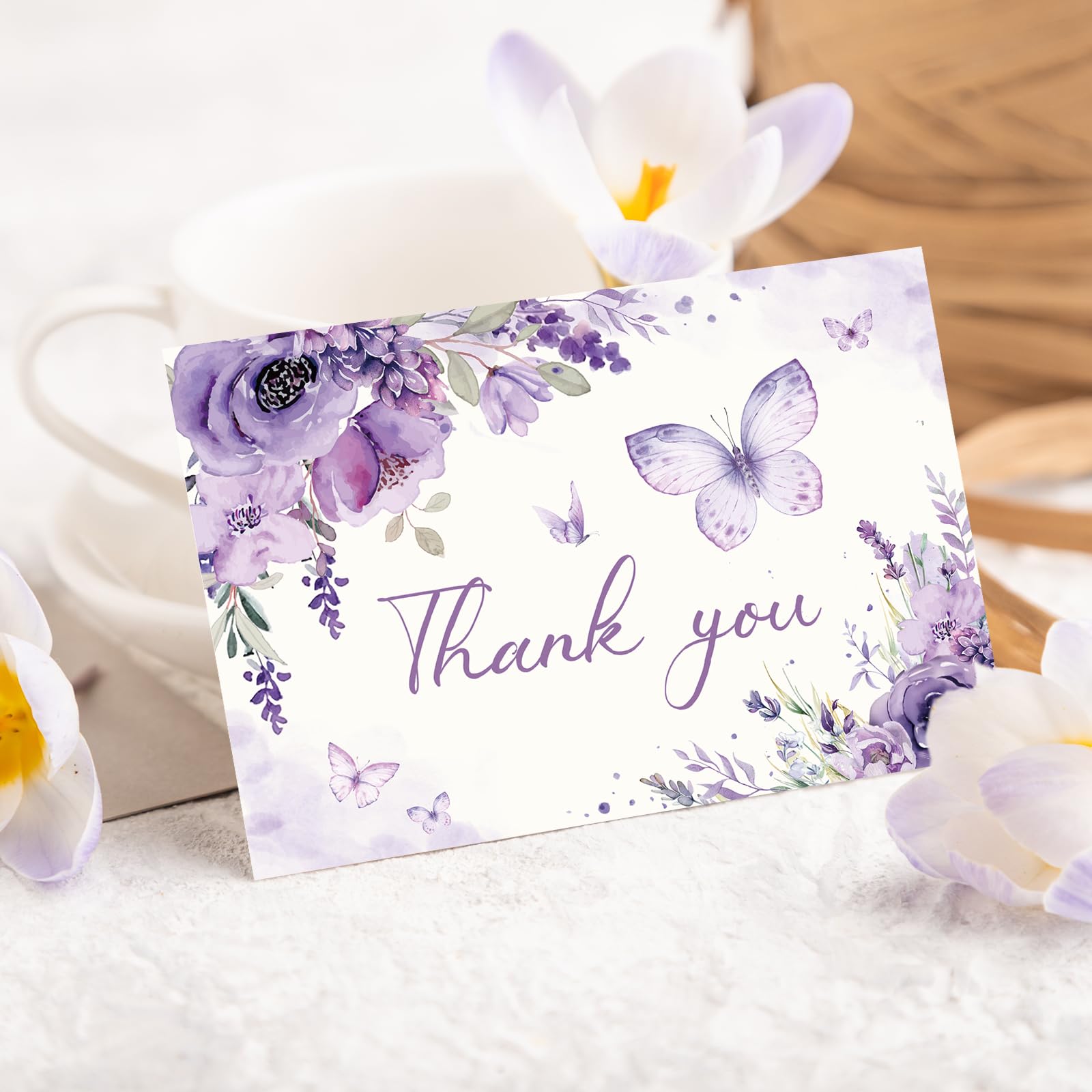 FYSUIMU Paquete de 30 tarjetas de agradecimiento florales moradas, acuarela, lavanda, mariposa, tarjetas de felicitación con sobres, calcomanías en blanco, tarjetas de notas en blanco para cumpleaños