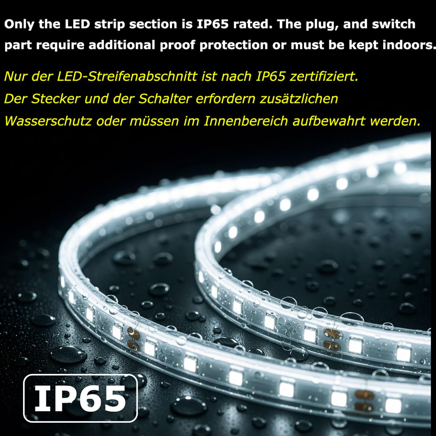 Striscia LED 220V Impermeabile IP65 30 Metri, Illuminazione LED ad Alta Luminosità, per Interni ed Esterni, con Interruttore, Spina Tipo F, Supporto Adesivo e Clip, Luce bianca fredda