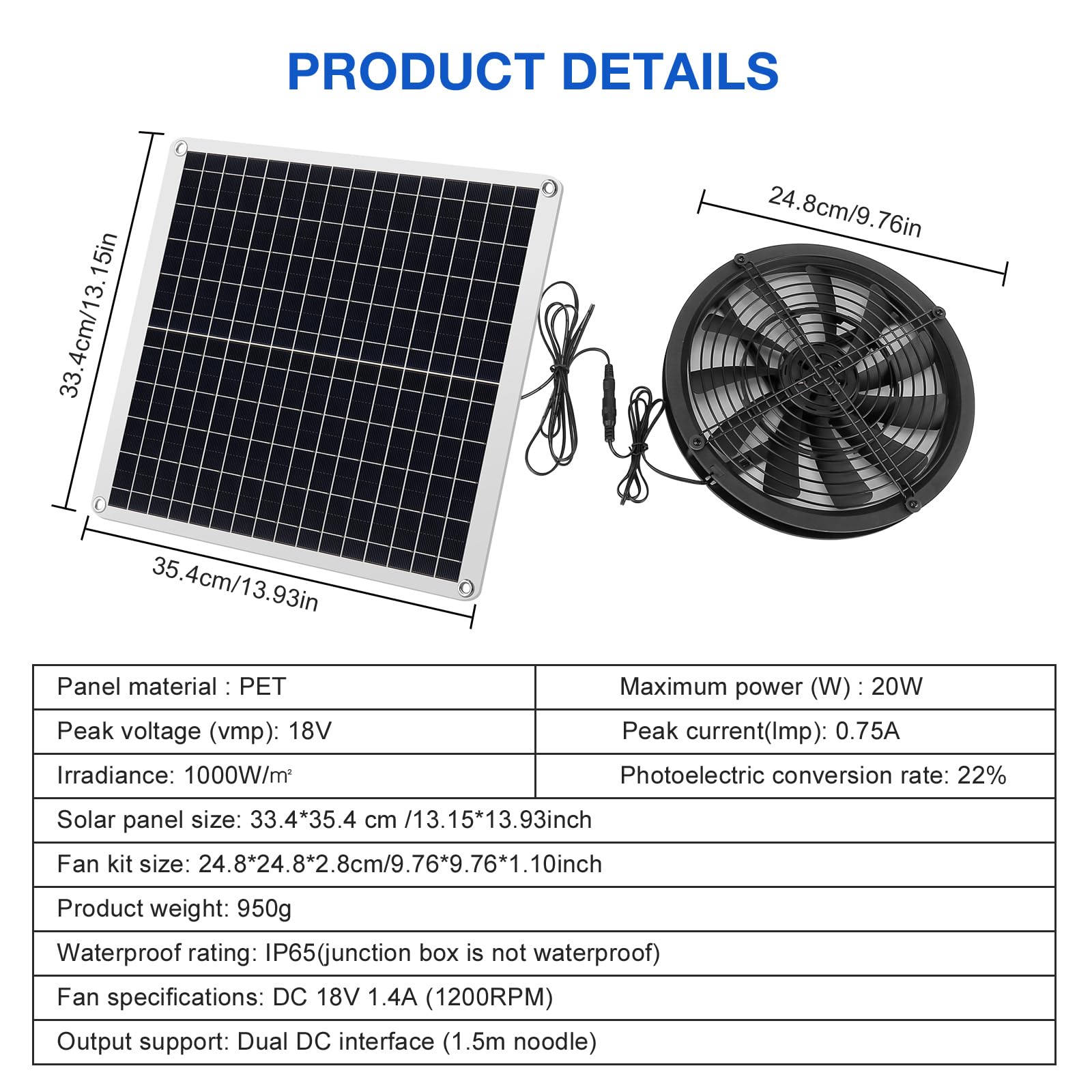 Ventilatore di scarico a energia solare, 20 W, in silicio monocristallino, a energia solare, per polli, serre, animali domestici, scarico finestre