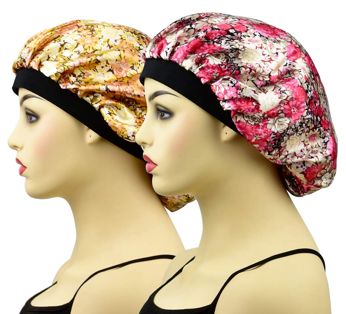 2 Pack Satin Sleep Caps for Women & Girls, Wide Band Satin Bonnet Sleeping Cap Night Hat Head Cover for Natural Hair, Braids