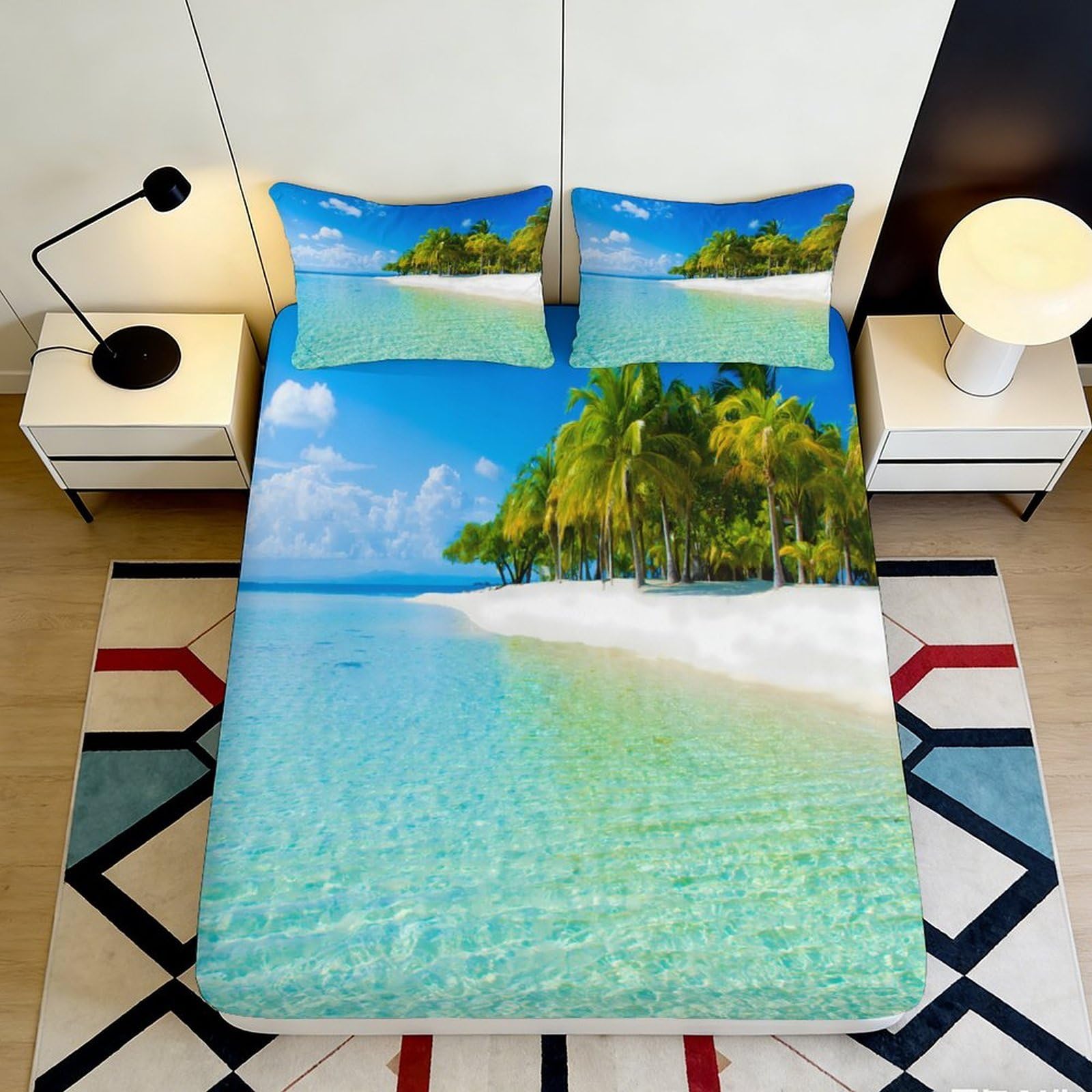 3D Printed Island Scenery Fitted Sheet Microfiber Deep Pocket Non-Slip Bedroom Bedding Set Ocean Mattress Fitted Cover for Adults Teens 200x200x25cm