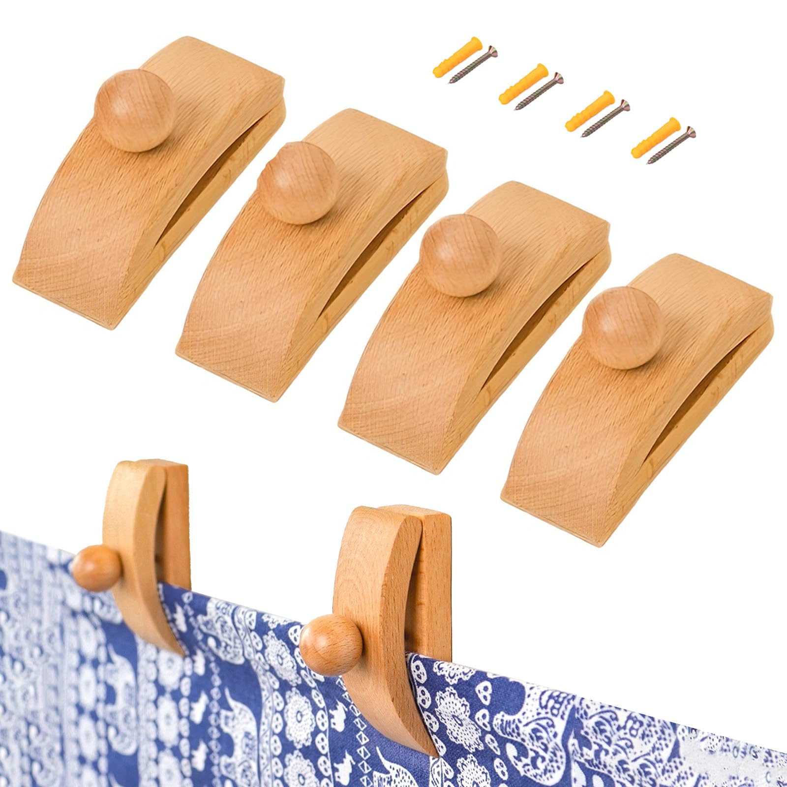 Artomnivera 4Pcs Wooden Tapestry Tongs Wall Hooks, Natural Wood Tapestry Wall Hanging Clips, Tapestry Quilt Hangers, Rustic Wooden Wall Clips for Hanging Quilts,Posters & Tapestries