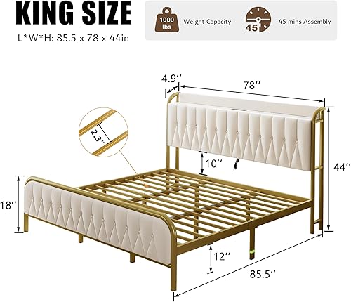 Miniatura 34 de iPormis Base de cama de plataforma de metal tamaño King con estación de carga, cabecera tapizada y estribo, soporte de acero resistente, Gris