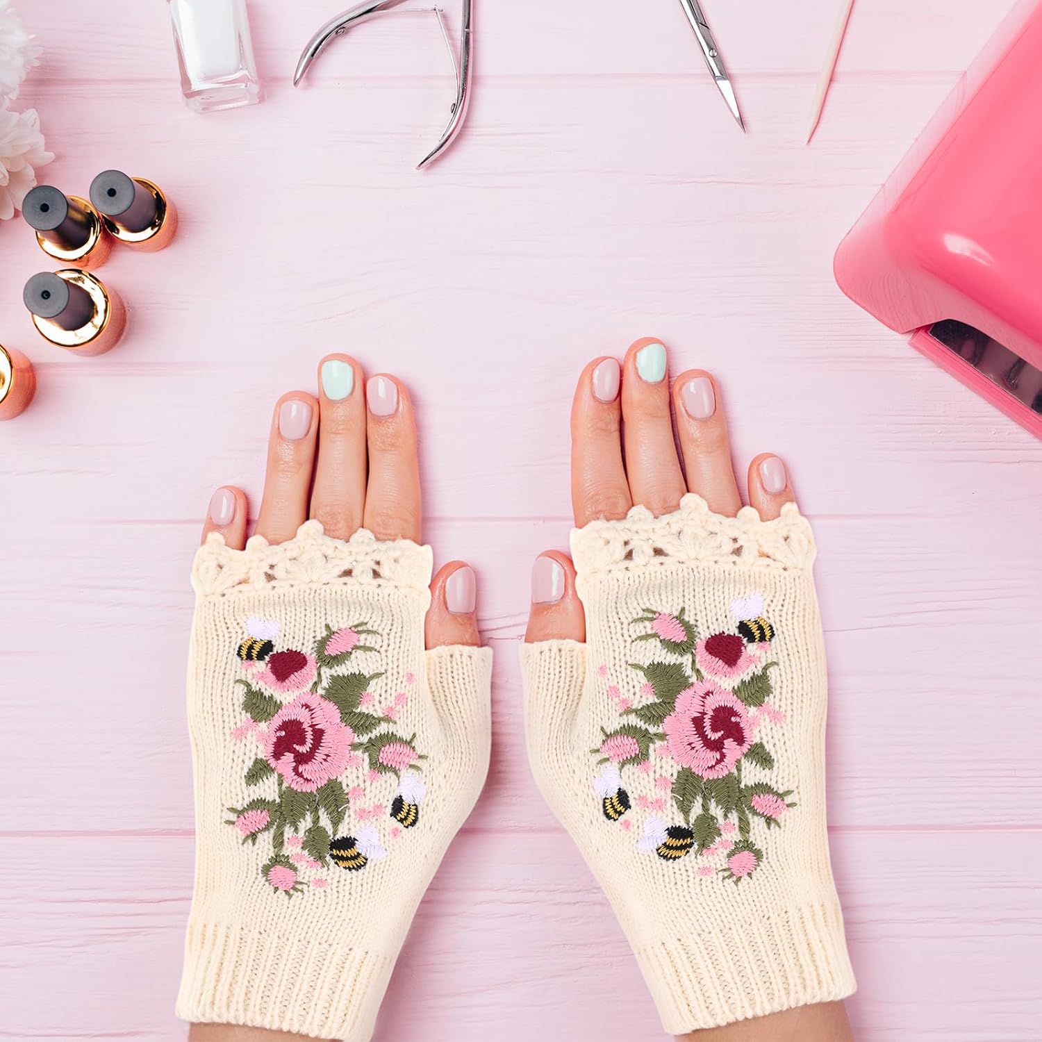 2 Pairs Fingerless Mittens for Women Handmade Flower Embroidered Half Gloves Women's Knitted Gloves Short Half Finger Elastic Warm Mittens for Ladies Autumn Winter Coldproof Black and White - Image 2