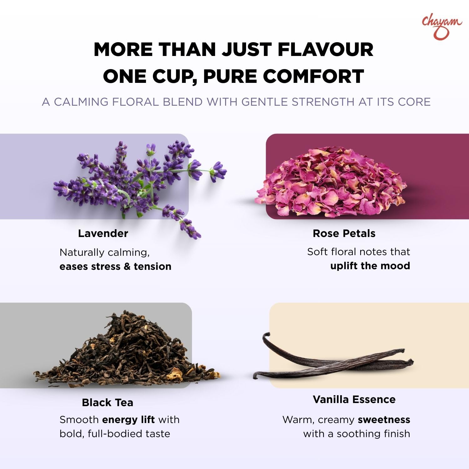 CHAYAM Lavender Vanilla Tea for Sleep | Calming Lavender Flower Tea with Real Buds, Rose Petals & Vanilla | Stress Relief & Relaxation | 50g Loose Leaf Tin Caddy