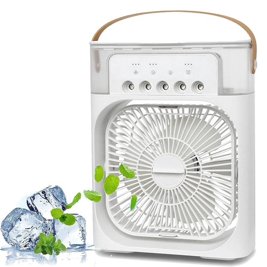 Amazon.com: Mini ventilador de escarcha, humidificador portátil de aire acondicionado de CA, enfriador de aire personal con temporizador de 1/2/3 H, luz LED de 7 colores, 3 velocidades de viento y 3