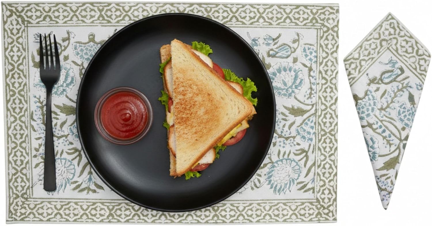 Hand Block Printed Indian Cotton Placemats with Napkins Set of 6 - Eco-Friendly Washable Table mats for Dining Room Decor (Light Green)