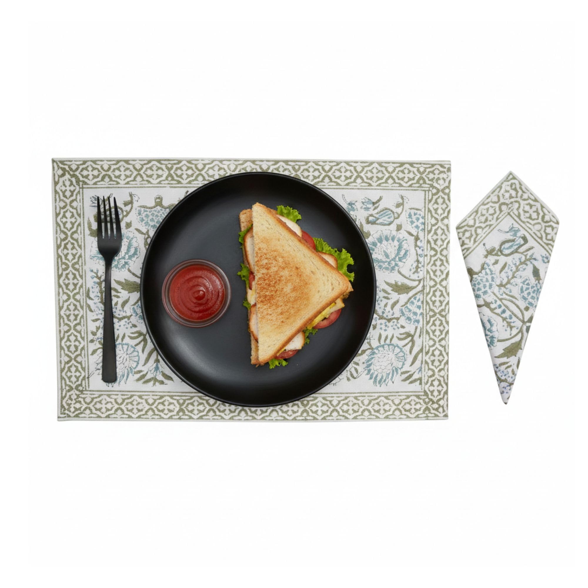 Manteles individuales de mesa de comedor con juegos de servilletas, algodón indio impreso a mano, lavables, para servir alimentos, juego de 6 manteles individuales (verde claro)
