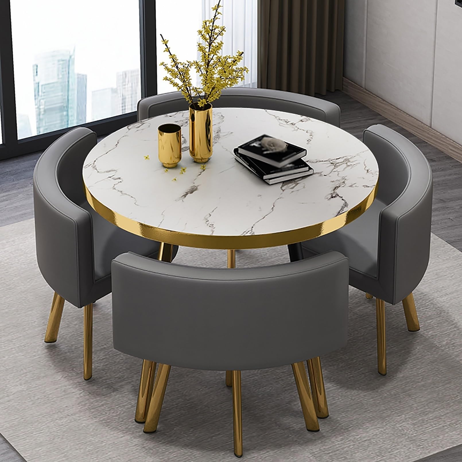 Ensemble Table à Manger Ronde 4 Chaises, Marbre Doré | Table à manger ronde avec plateau marbre, pieds dorés et 4 chaises rembourrées pour petits espaces.(Dark Grey)